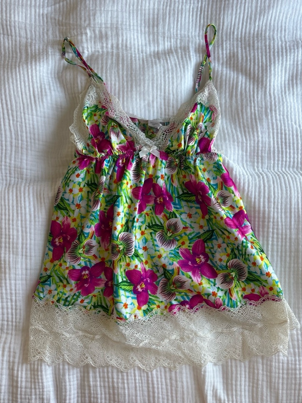 Victoria's Secret Floral Lace-Trim Camisole Tank - Fuchsia & Green